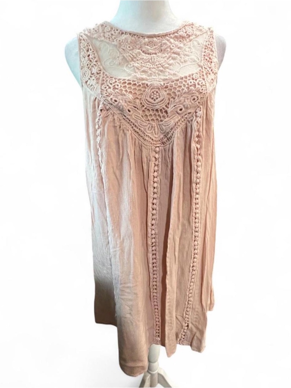 Boho Crochet Yoke Sleeveless Tunic Long blouse or Dress - Dusty Rose